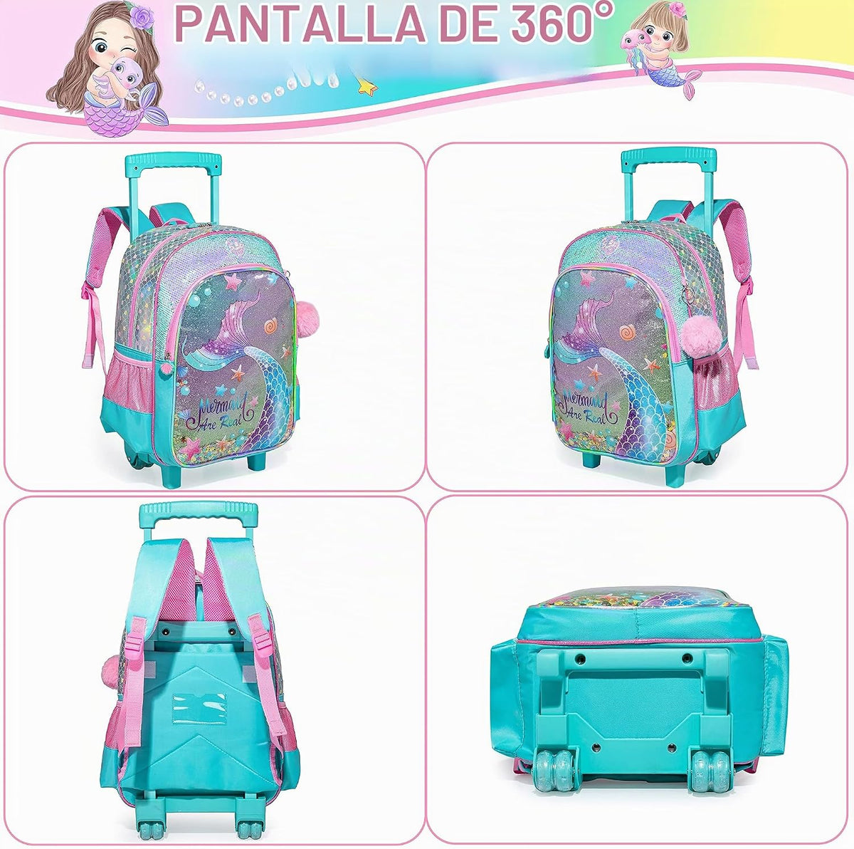 Meetbelify Mochila con ruedas de sirena para niñas y niños, mochila...