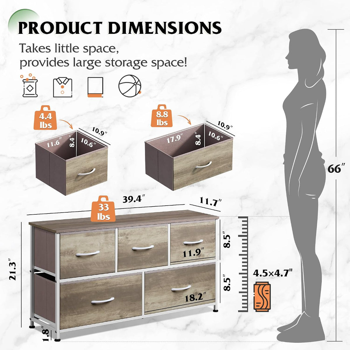 WLIVE - Cómoda para dormitorio con 5 cajones, cómoda ancha de tela,...