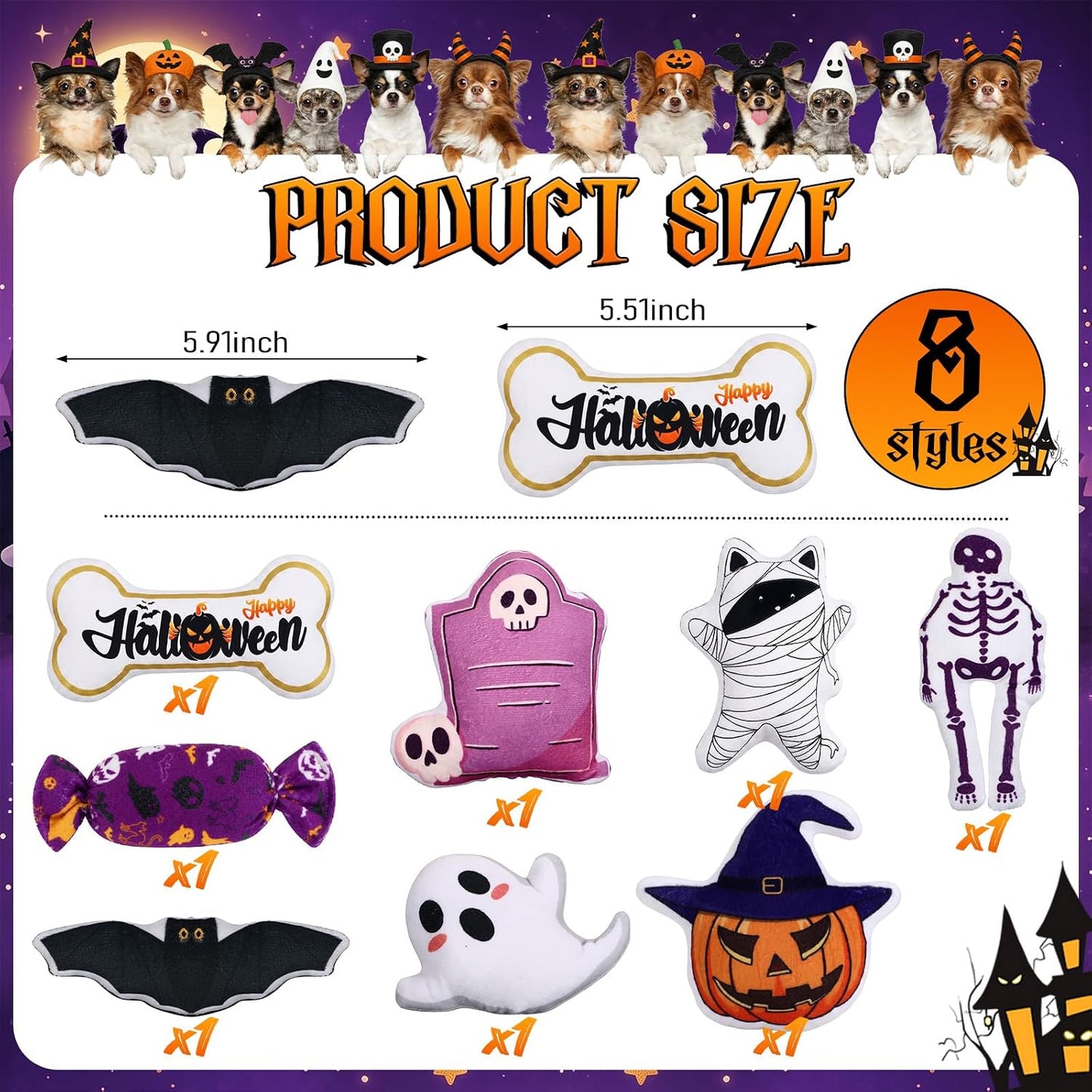 Soulchen 8 piezas de juguetes chirriantes para perros de Halloween,...