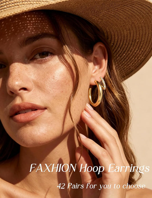 42 pares de aretes de aro dorados para mujer, paquete múltiple de a...