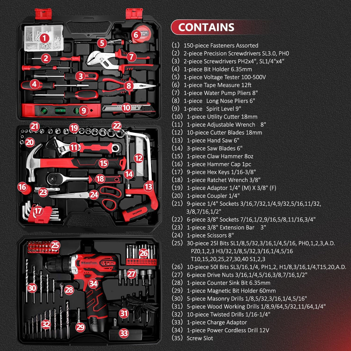 KingTool Juego de herramientas de 276 piezas con taladro eléctrico...