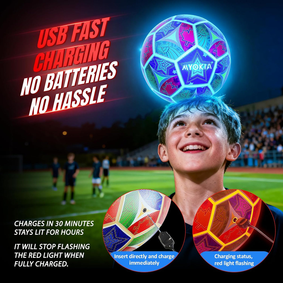MYOKIA - Balón de fútbol recargable con luz, tamaño 5, tricolor que...