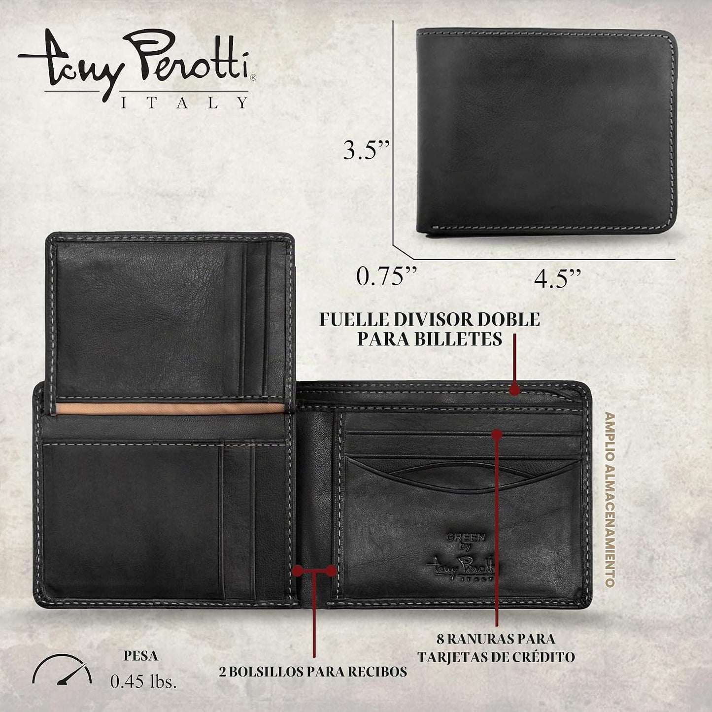 Tony Perotti Billetera plegable de cuero italiano para hombre - Car...