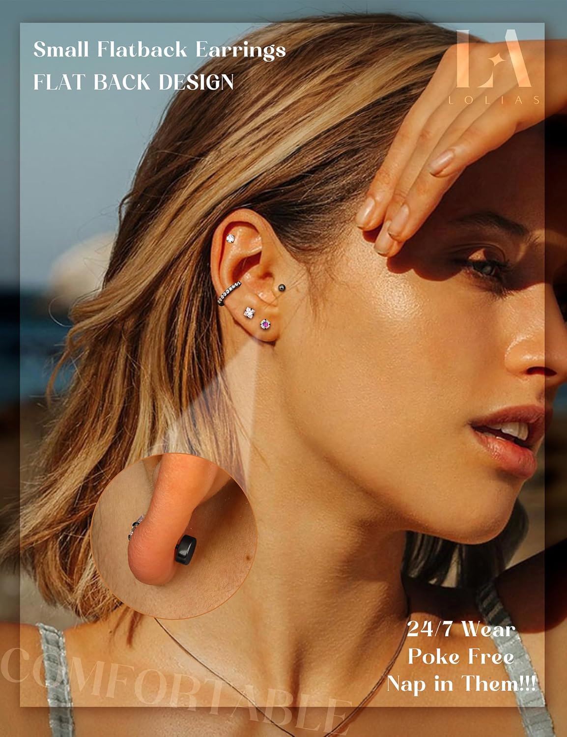 LOLIAS Aretes hipoalergénicos de espalda plana para mujer - Aretes...