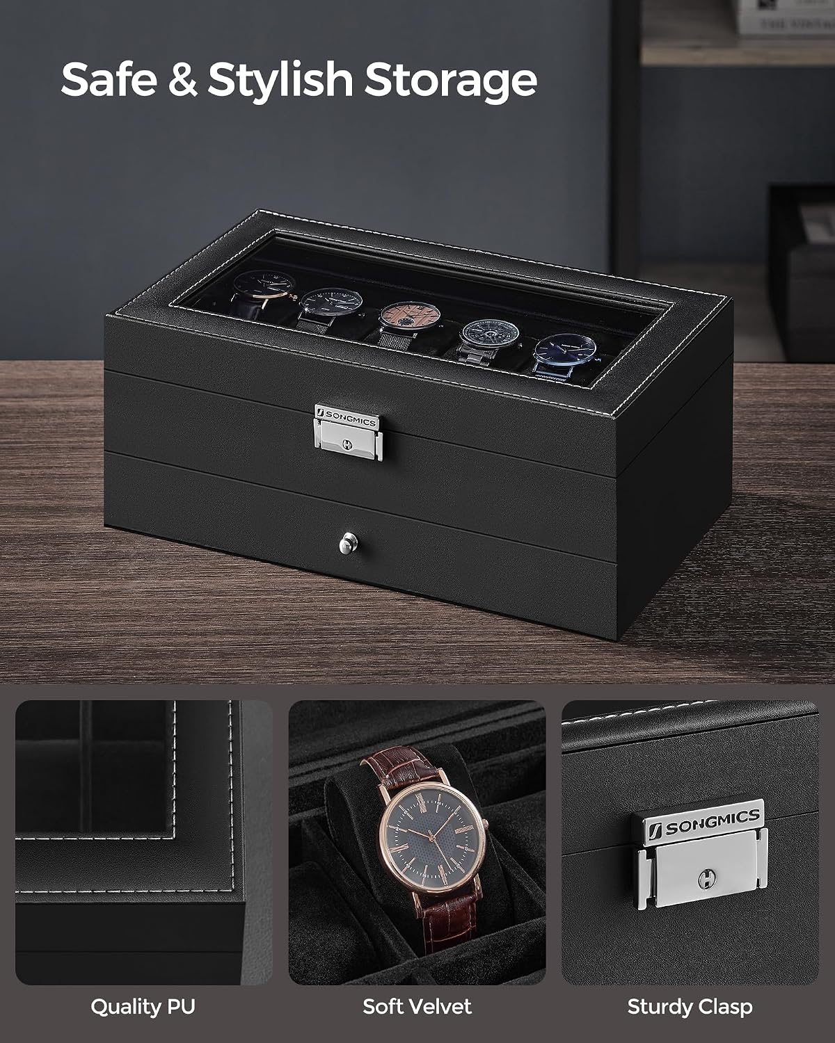 SONGMICS UJWB012B03 - Caja de reloj de 12 ranuras, caja de reloj co...