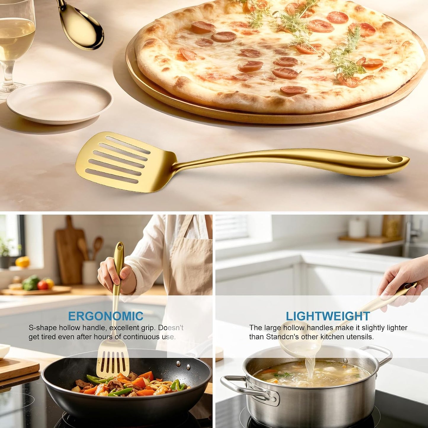 Juego de utensilios de cocina de acero inoxidable dorado 304, 11 pi...