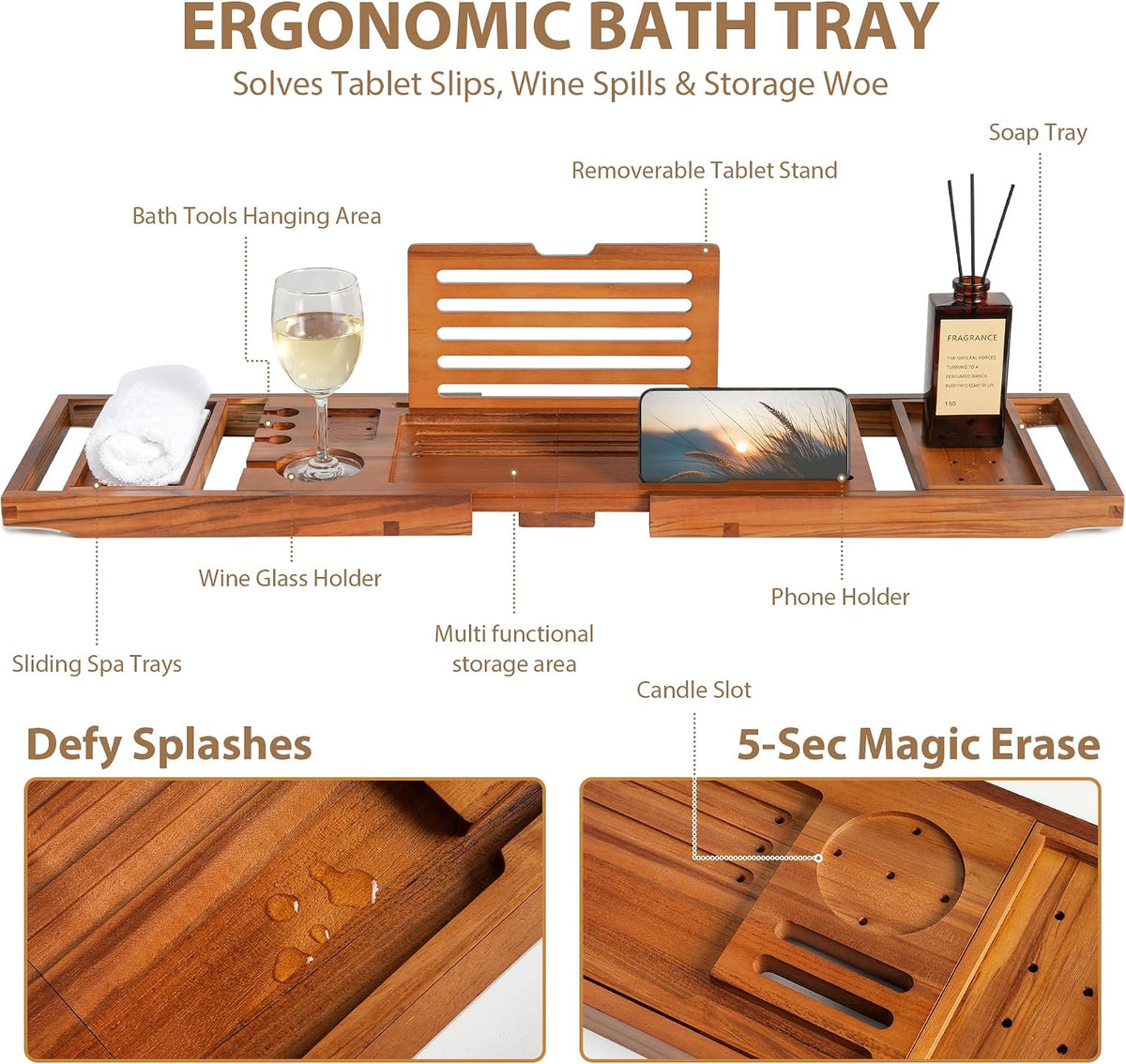 Realgulf - Bandeja de bañera de teca, organizador de baño de madera...