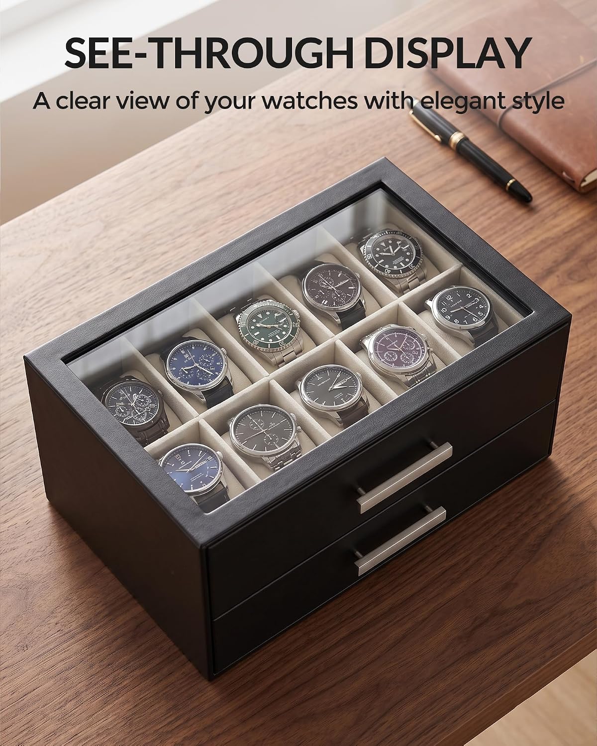 ProCase Caja de reloj de 10 ranuras para hombre, caja de gafas de s...
