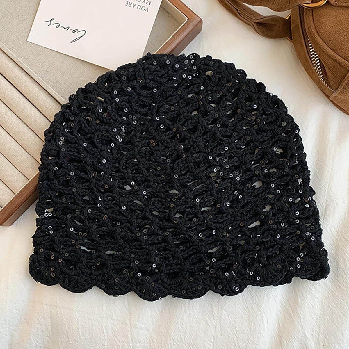 Julpsk Gorro de ganchillo hecho a mano con lentejuelas brillantes d...