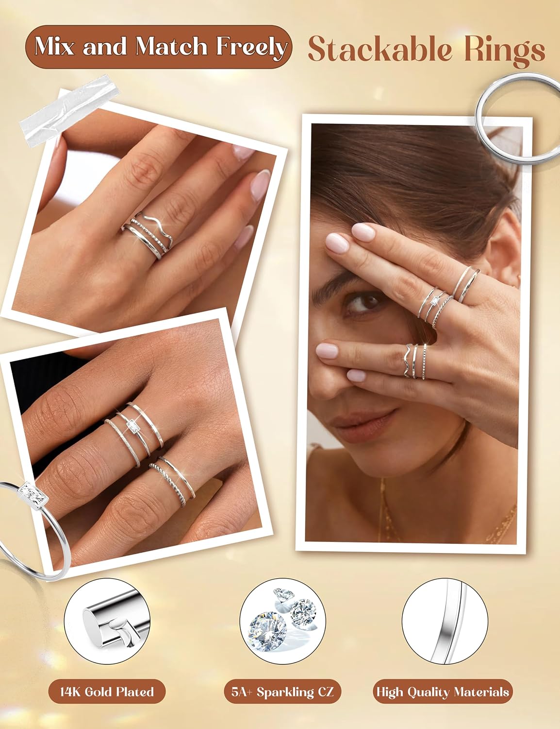 THUNARAZ 8 piezas de anillos apilables para mujer sin deslustre, an...