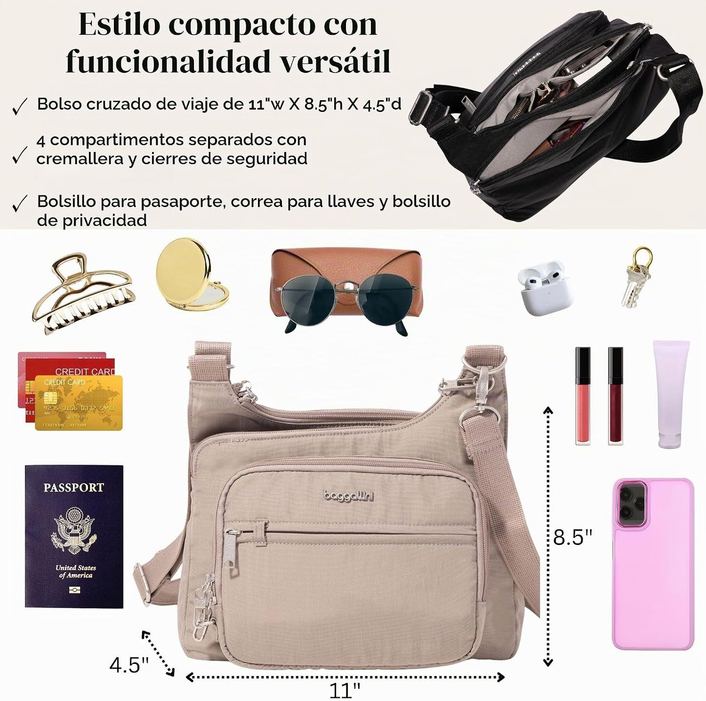 Baggallini Securtex Bandolera cruzada antirrobo 11\u201Dw X 8.5\u20...