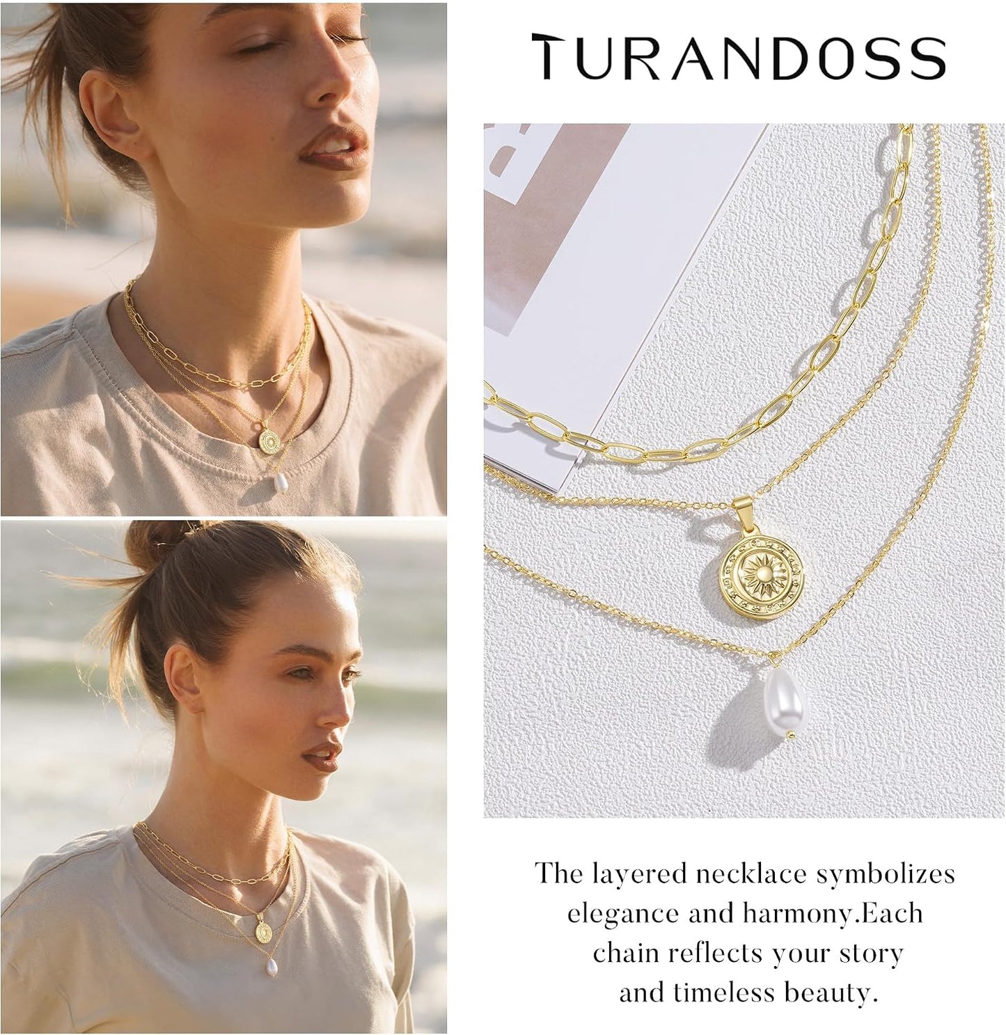 Turandoss Collares en capas para mujer, chapados en oro de 14 quila...