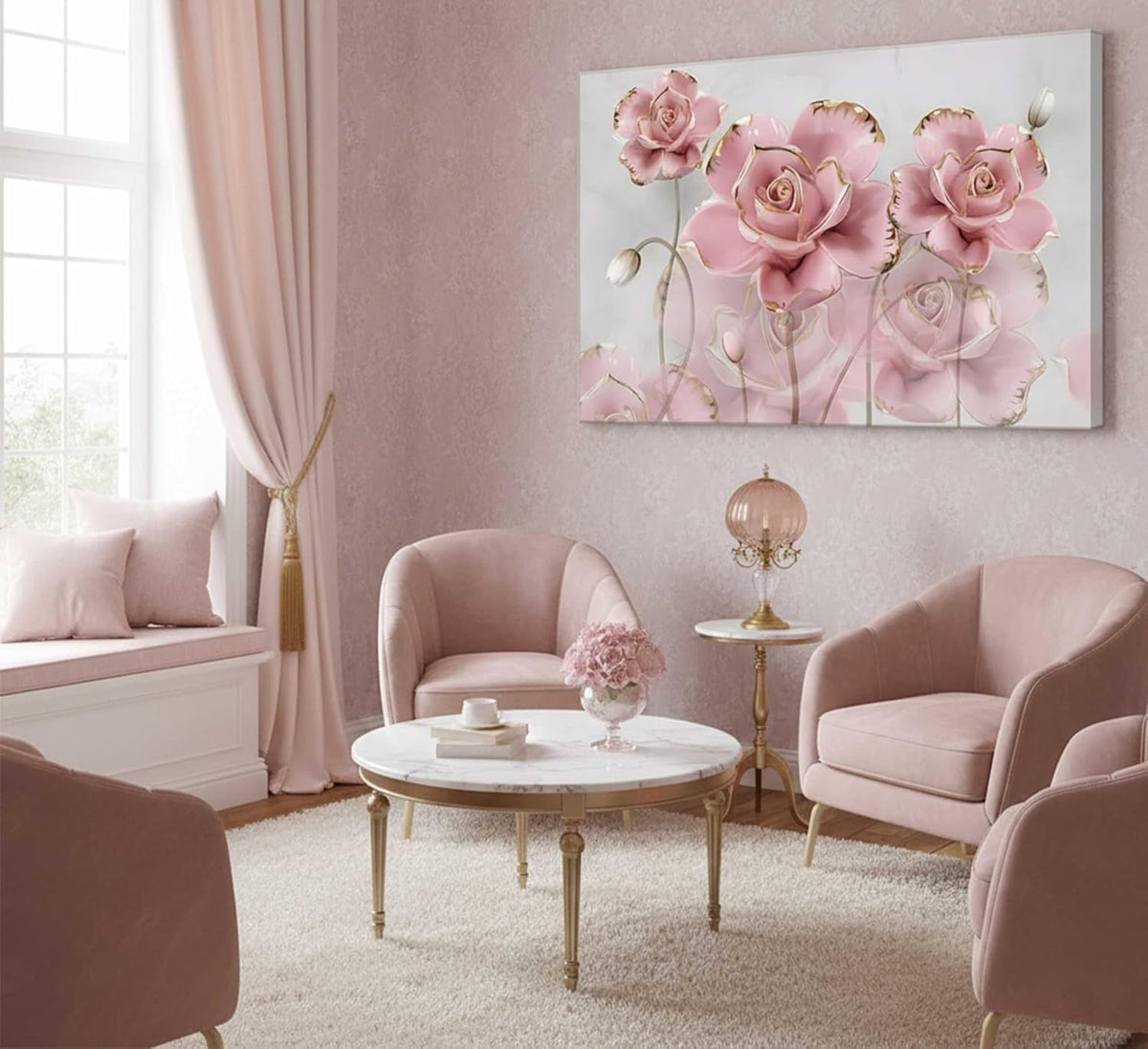 Arte de pared moderno de rosas doradas en delicado color rosa, lien...
