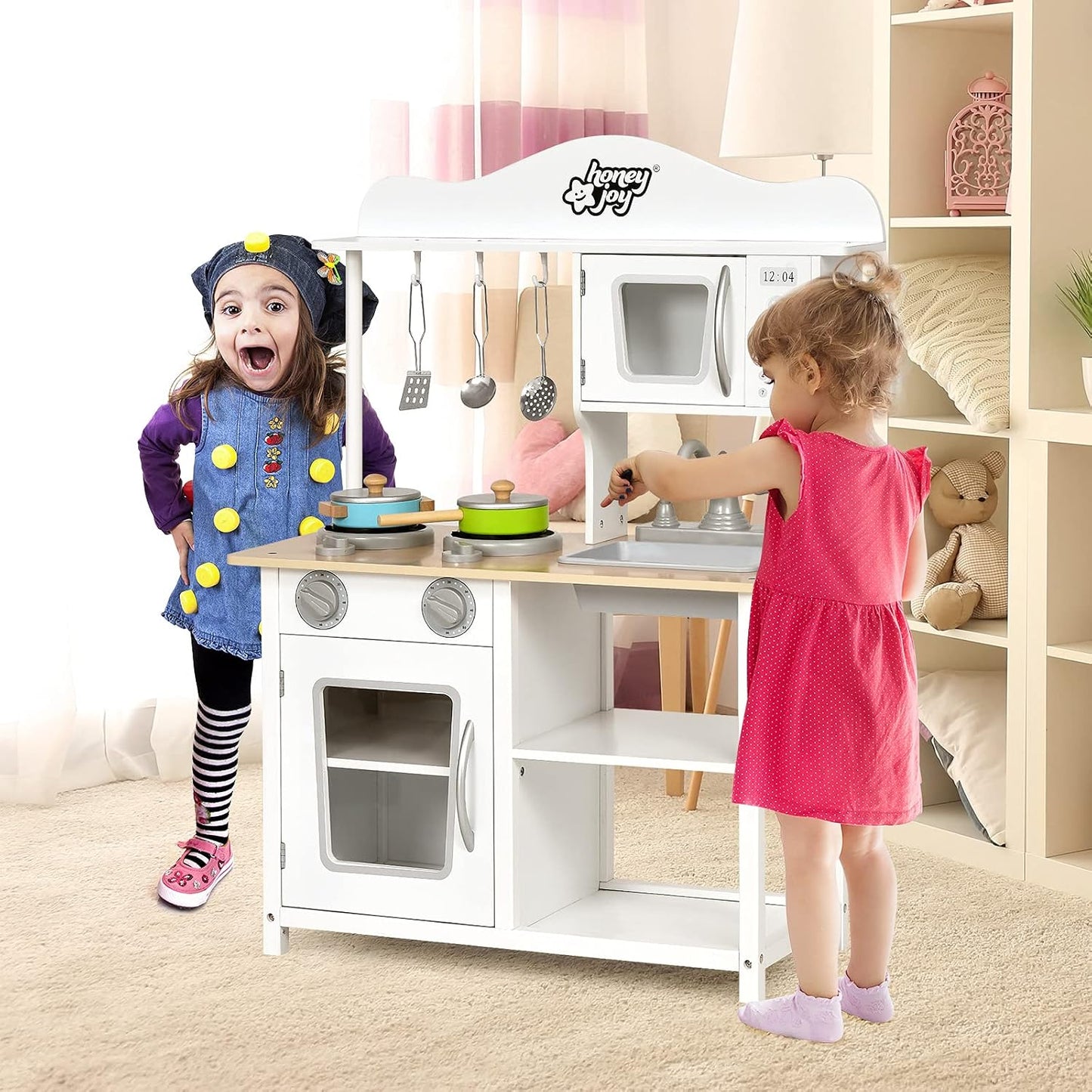 HONEY JOY Juego de cocina de madera para niños con microondas, freg...