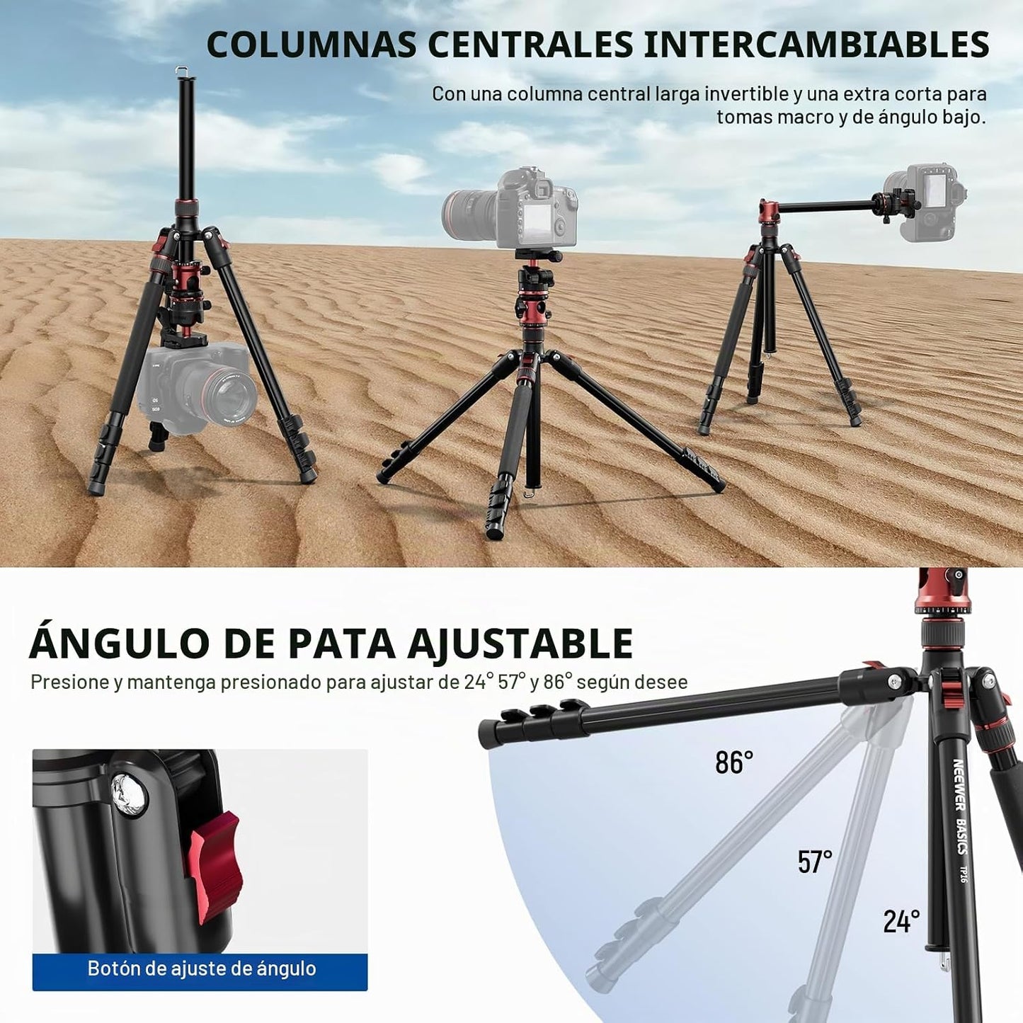 NEEWER Basics - Trípode para cámara de 70.9 pulgadas con columna ce...
