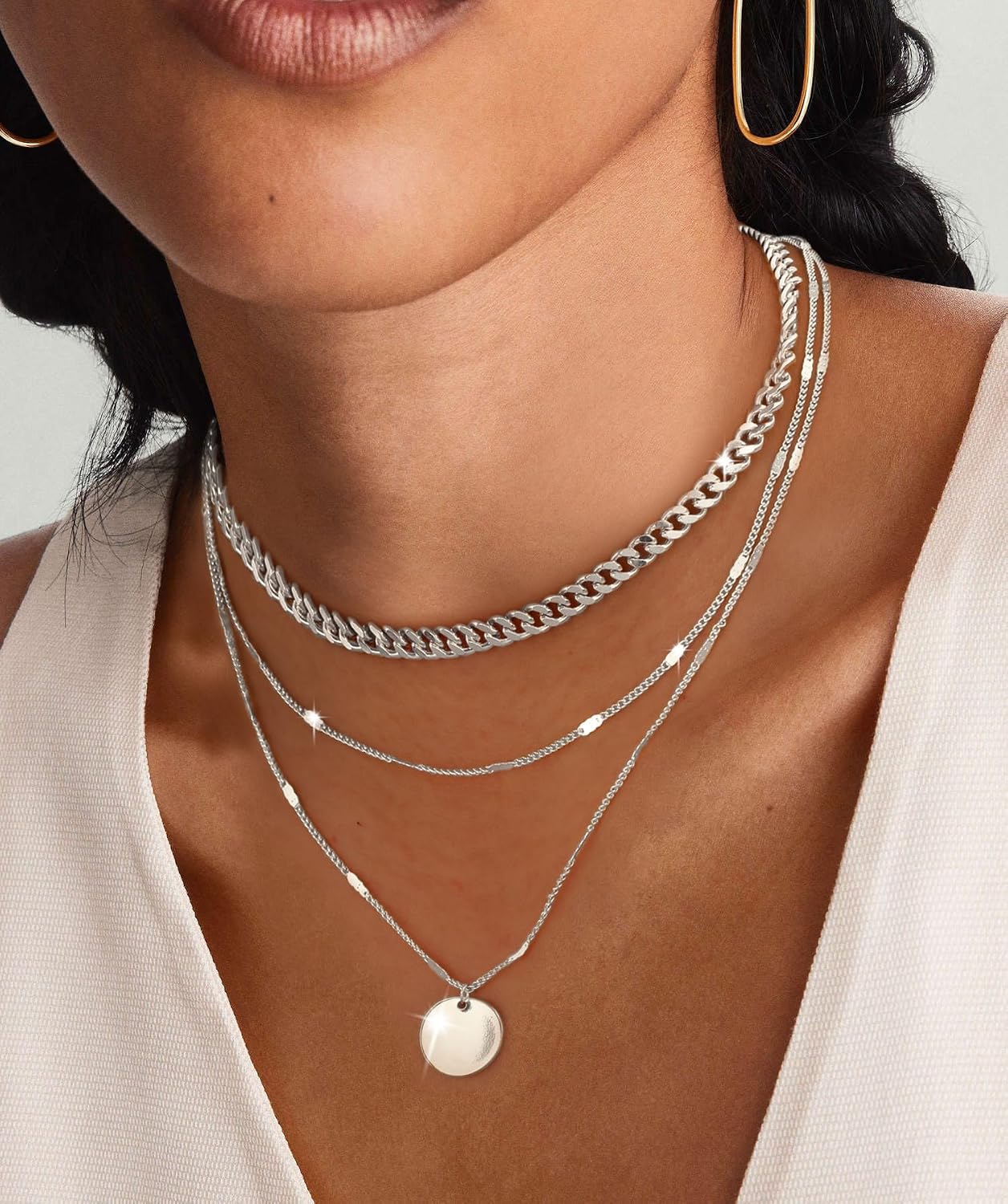 Cuzmly - Collares en capas de plata para mujer, conjunto de collare...