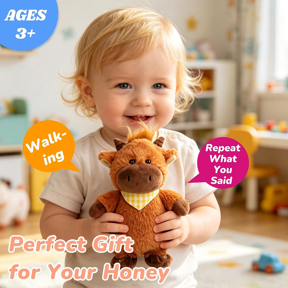 Hopearl Talking Highland Cow con babero amarillo repite lo que dice...