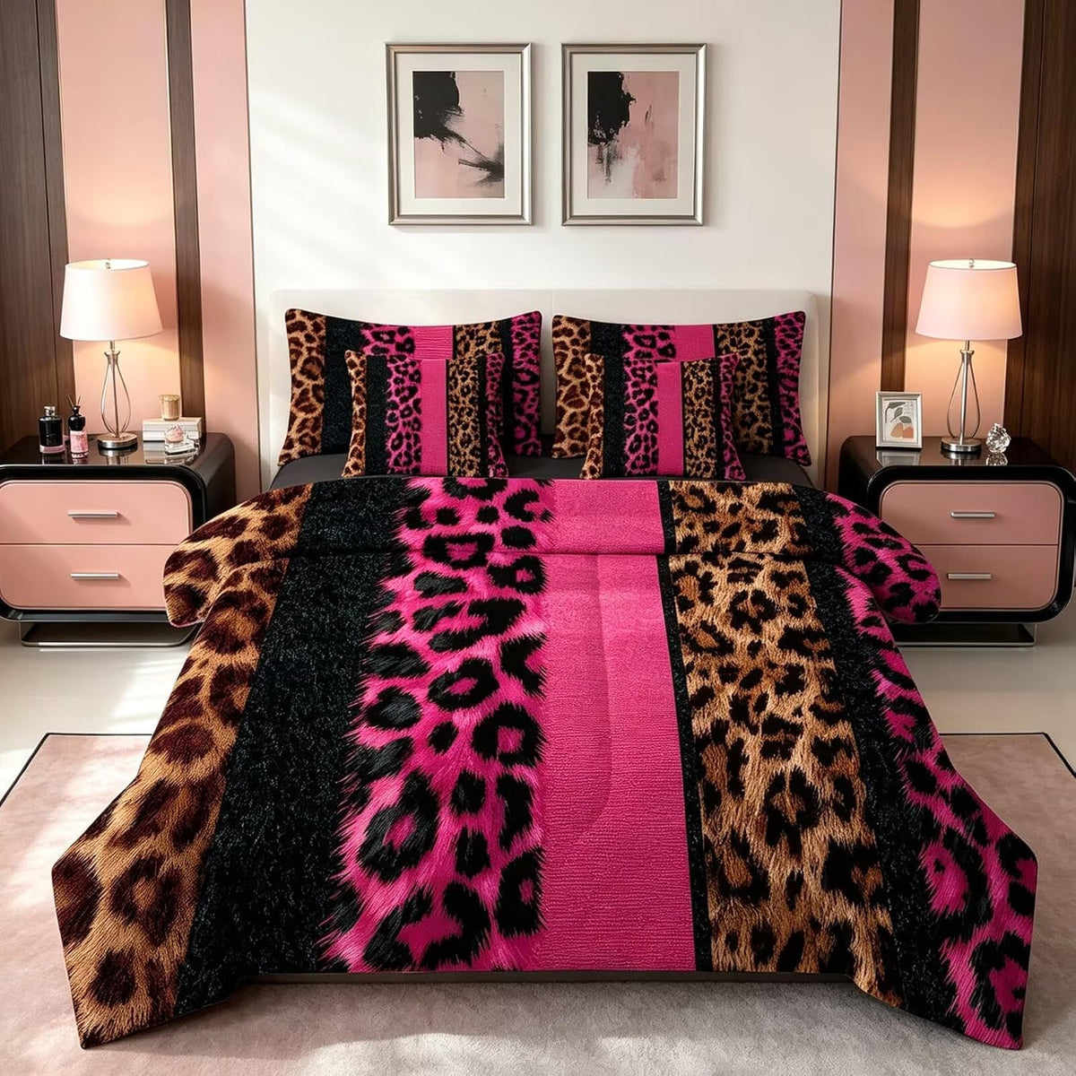 FUYEUN Juego de edredón con estampado de leopardo rosa fuerte tamañ...