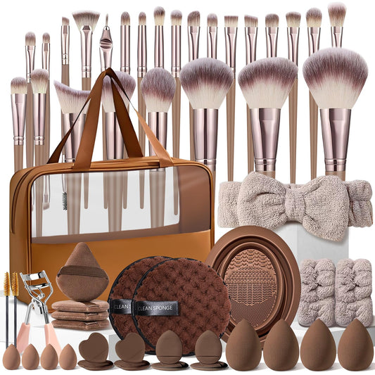 HGHDBT Juego de 55 brochas de maquillaje marrón, kit de maquillaje...