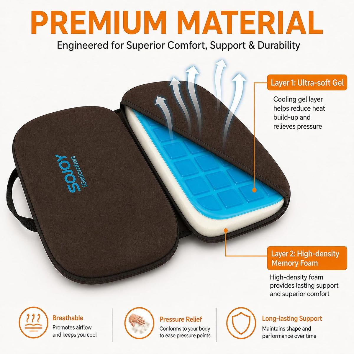 Sojoy Cojín de asiento de gel plegable 3 en 1 con espuma viscoelást...