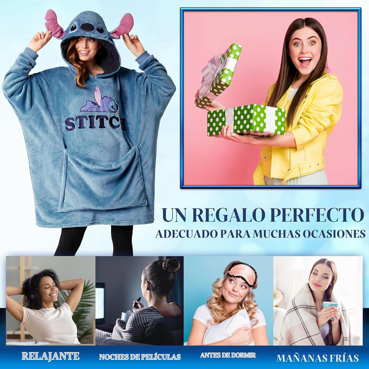 Disney Stitch Blanket - Sudadera con capucha para adultos, 2 en 1,...