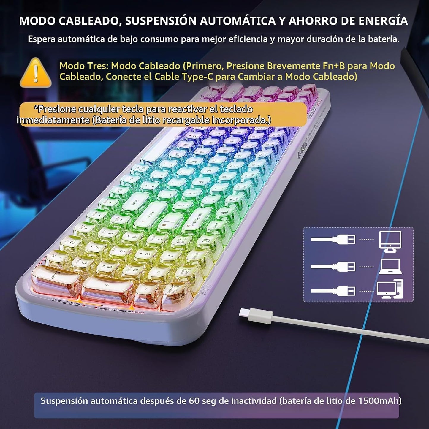 FOPETT Teclado inalámbrico para computadora con retroiluminación RG...