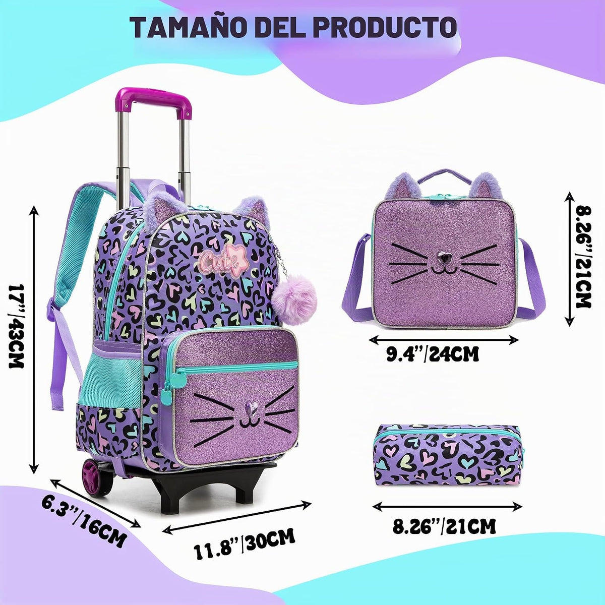 Meetbelify Mochila con ruedas para niñas, con diseño de gato, con r...