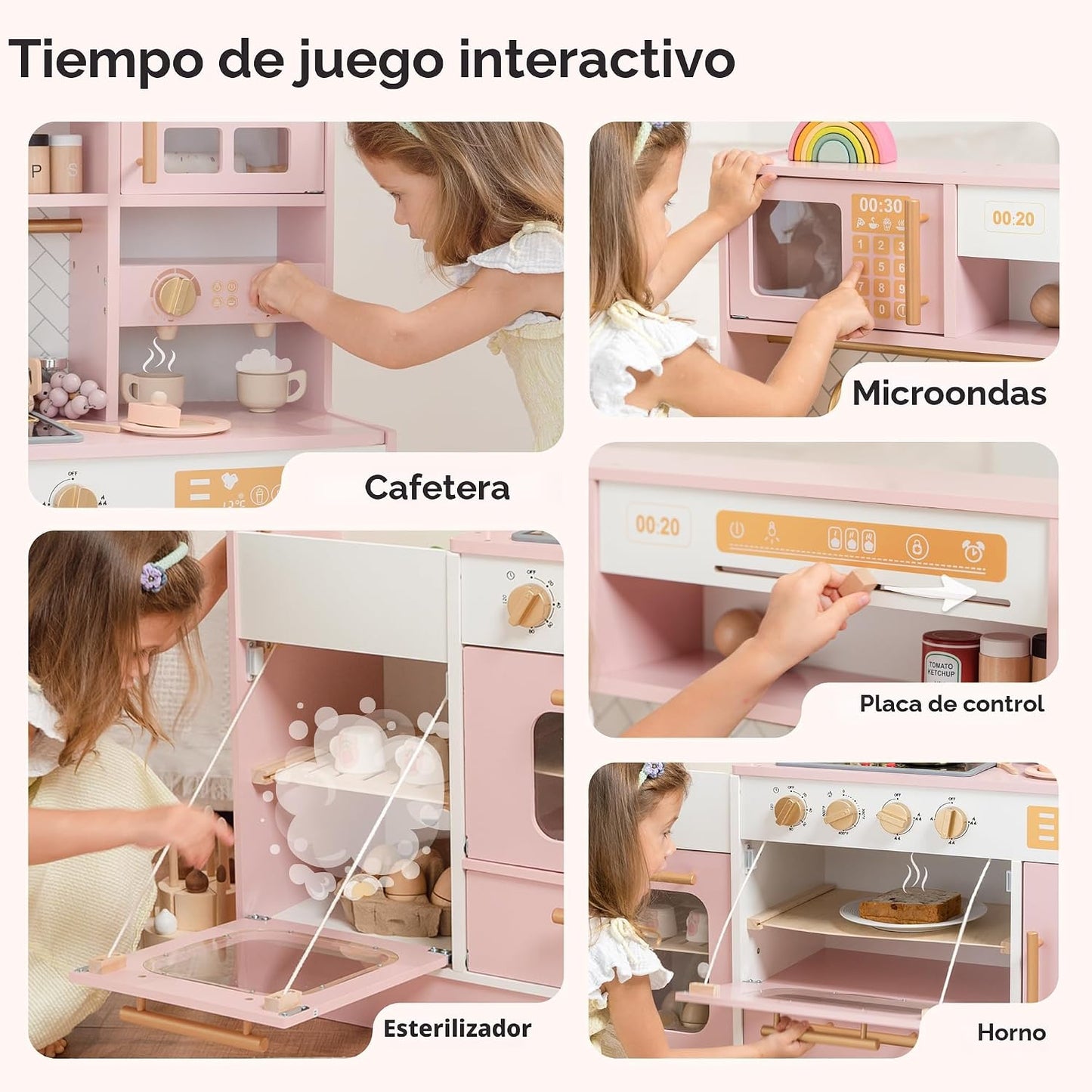 Cocina de Juguete de Madera Rosa para Niños - Electrodomésticos Rea...