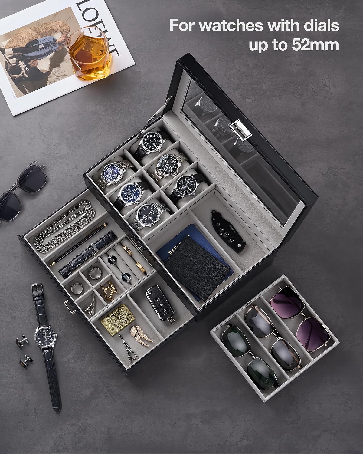 ProCase Caja de joyería para hombres, caja de reloj con 6 ranuras c...