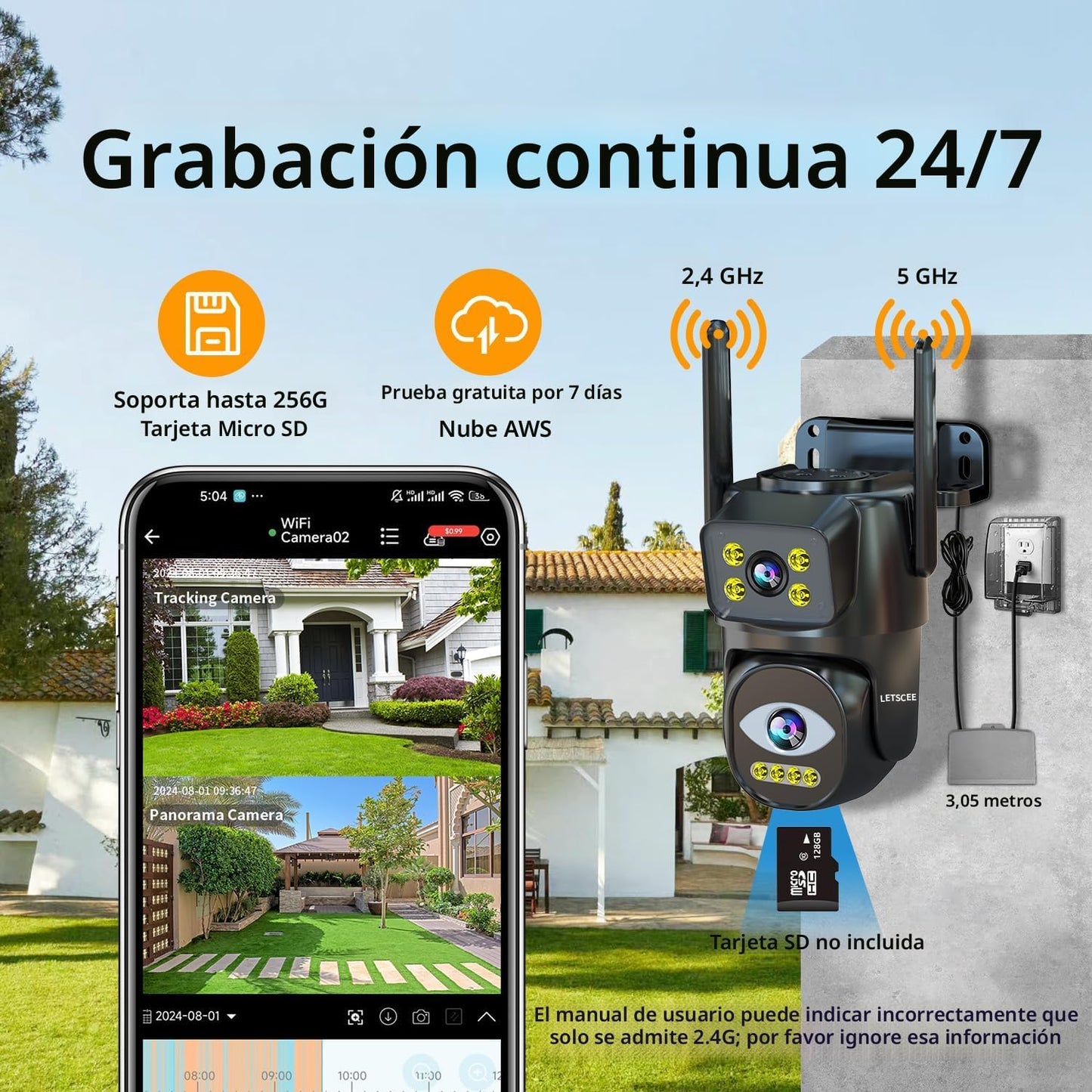 LETSCEE Cámara de seguridad WiFi de doble lente para exteriores, 2....