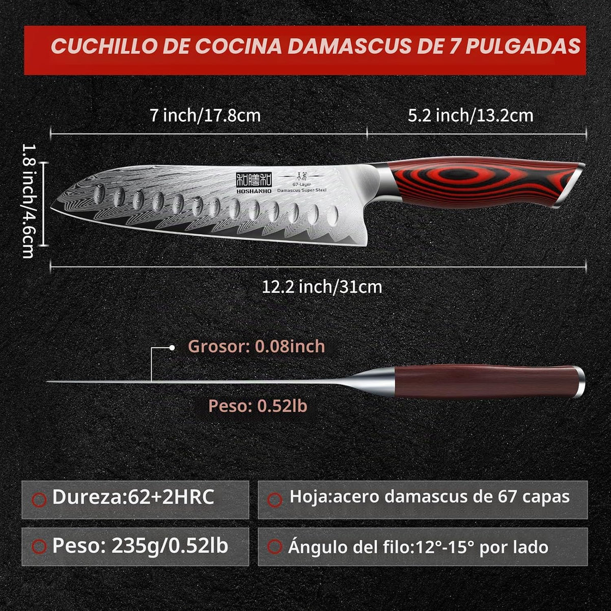 HOSHANHO Cuchillo Santoku de Damasco, cuchillo de cocina japonés pr...