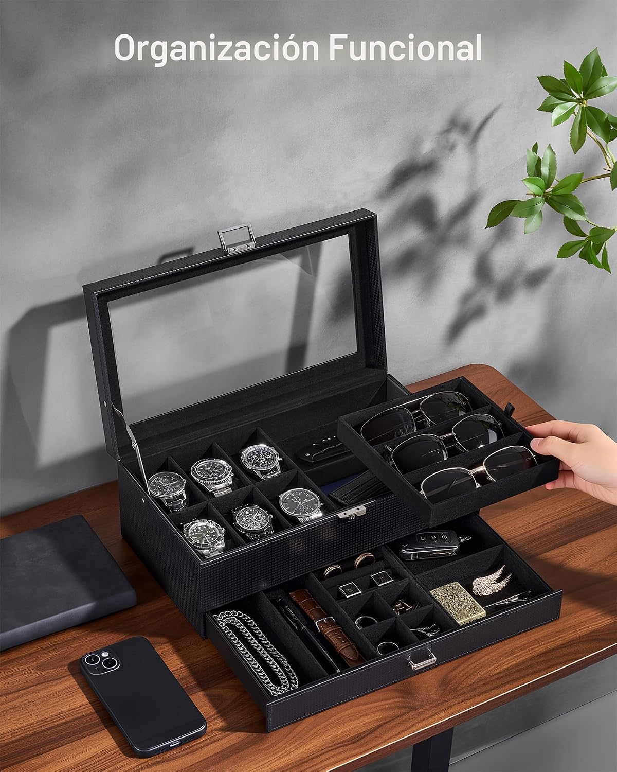 ProCase Caja de joyería para hombres, caja de reloj con cerradura d...