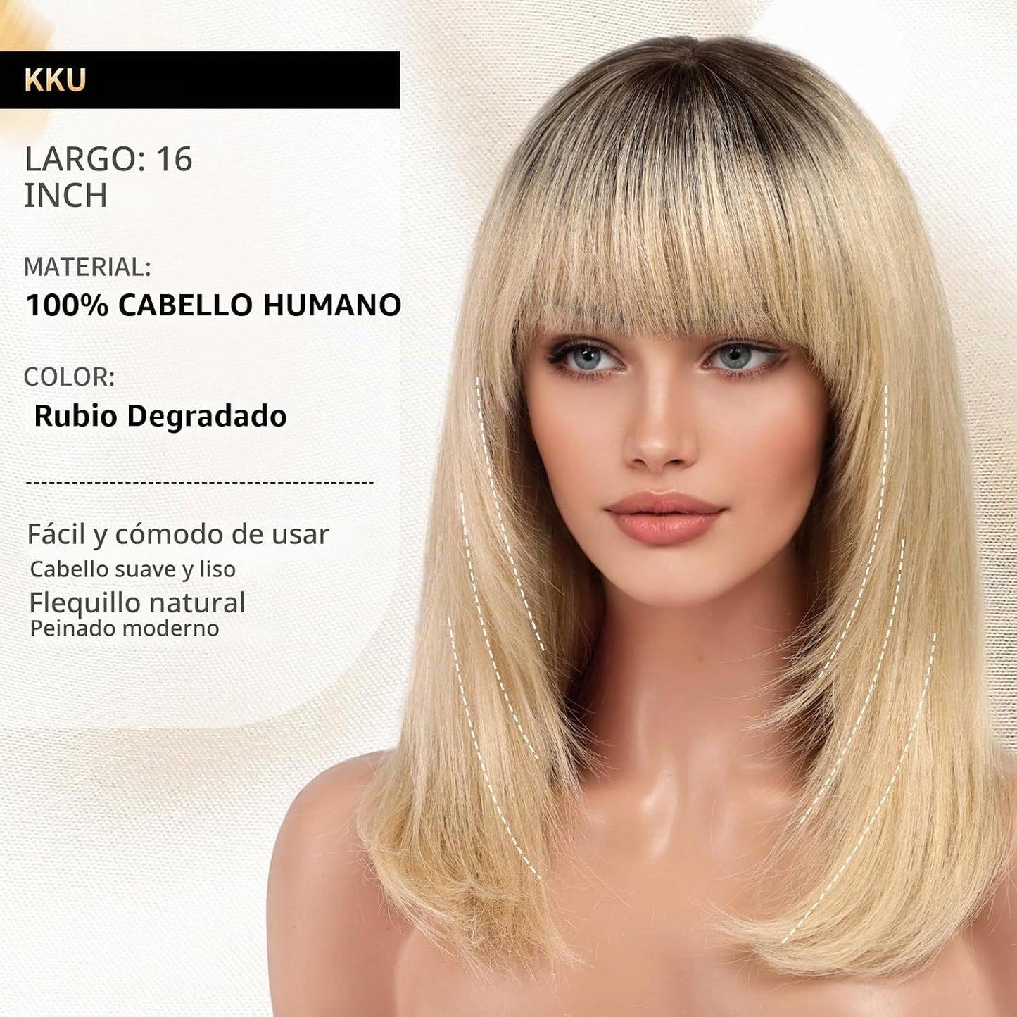KKU Pelucas de cabello humano rubio degradado de 16 pulgadas para m...