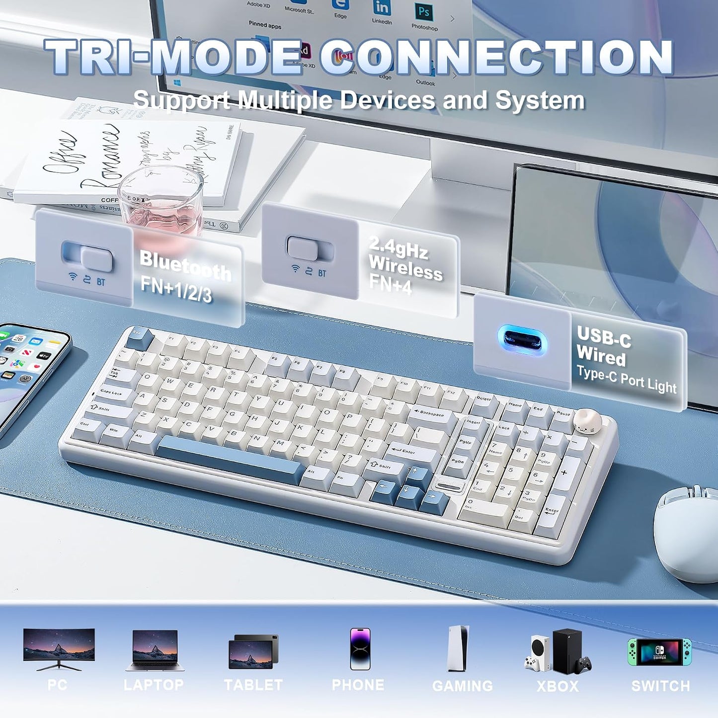 YUNZII Teclado mecánico inalámbrico B98 PRO (azul, interruptor de l...