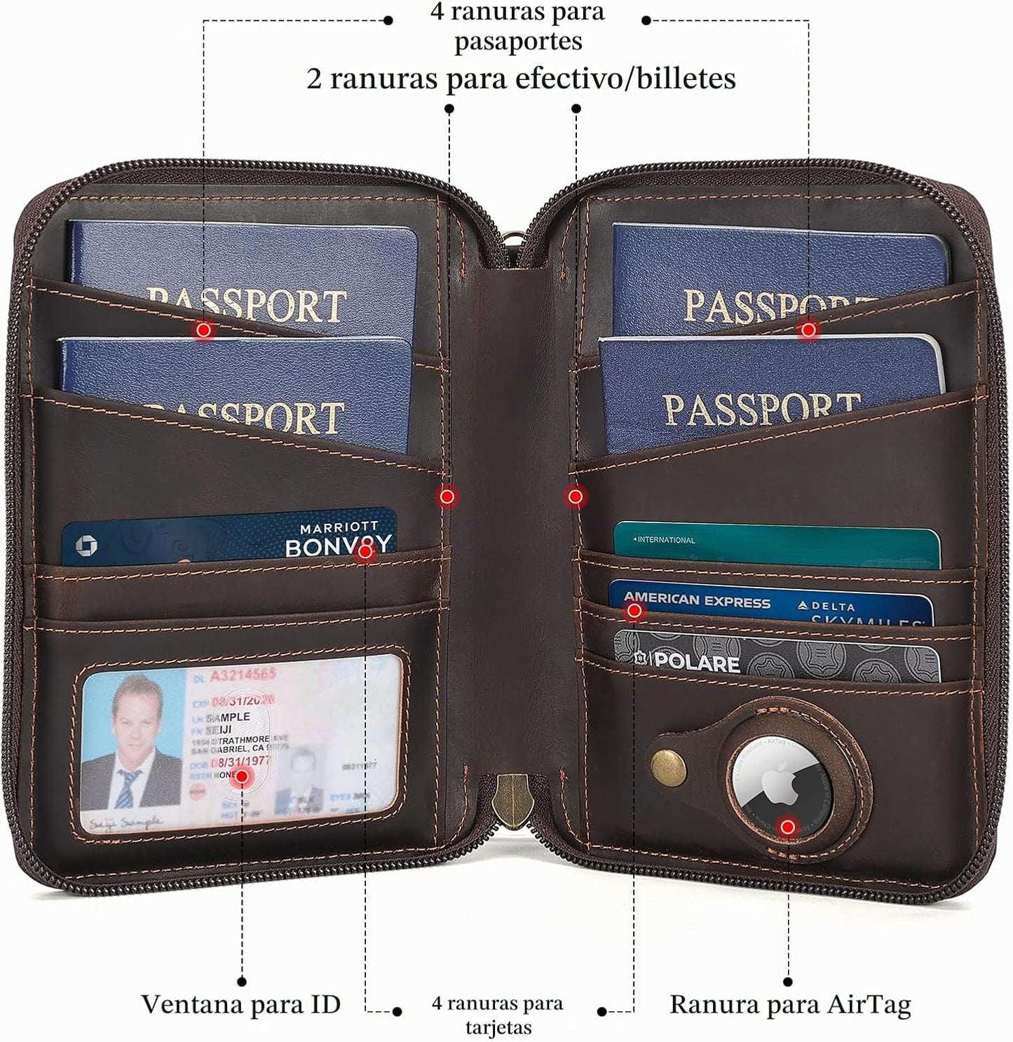 Polare - Cartera de cuero de grano completo para pasaporte familiar...