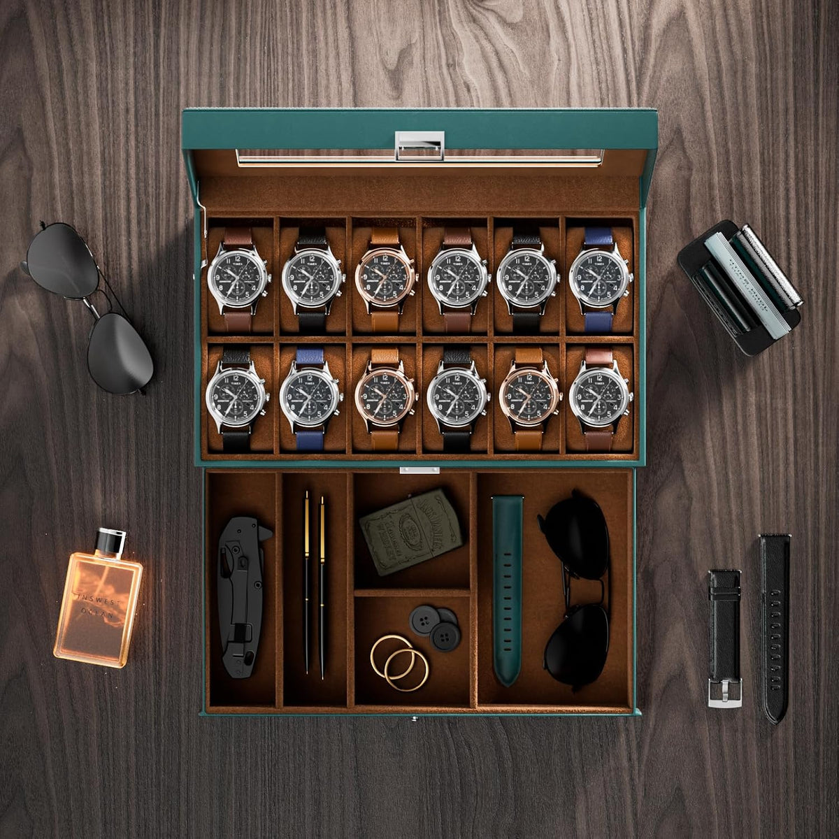 ProCase Caja de reloj, caja de reloj de 12 ranuras para hombre con...