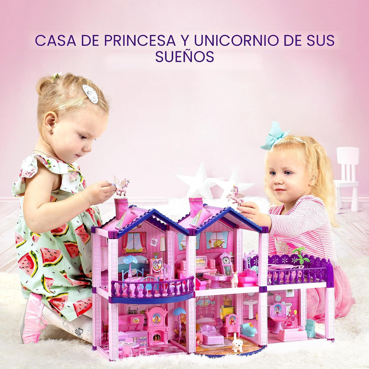 Casa de muñecas con 4 princesas, 4 unicornios, perro, muebles y acc...