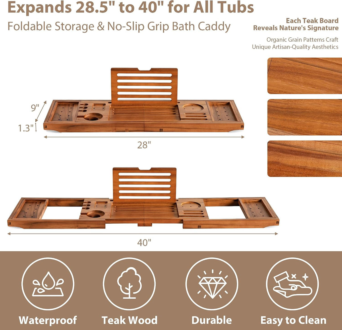 Realgulf - Bandeja de bañera de teca, organizador de baño de madera...