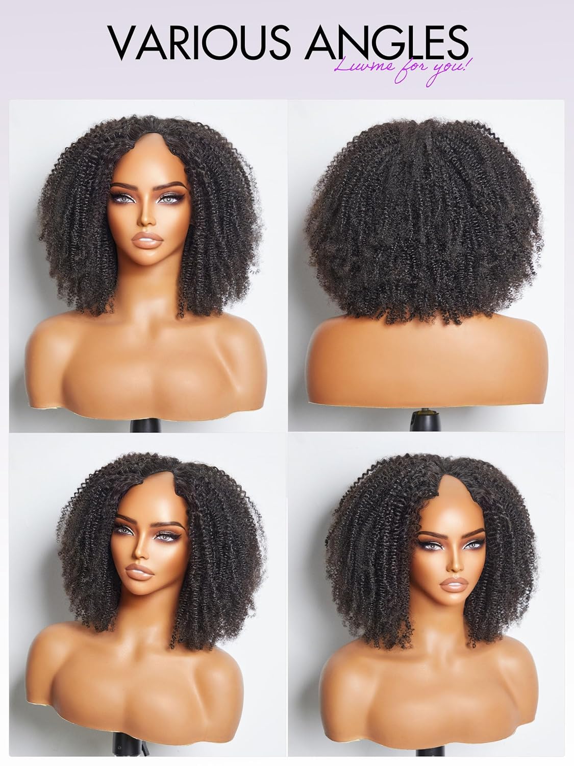 LUVME Peluca de cabello humano rizado sin pegamento con parte en V,...