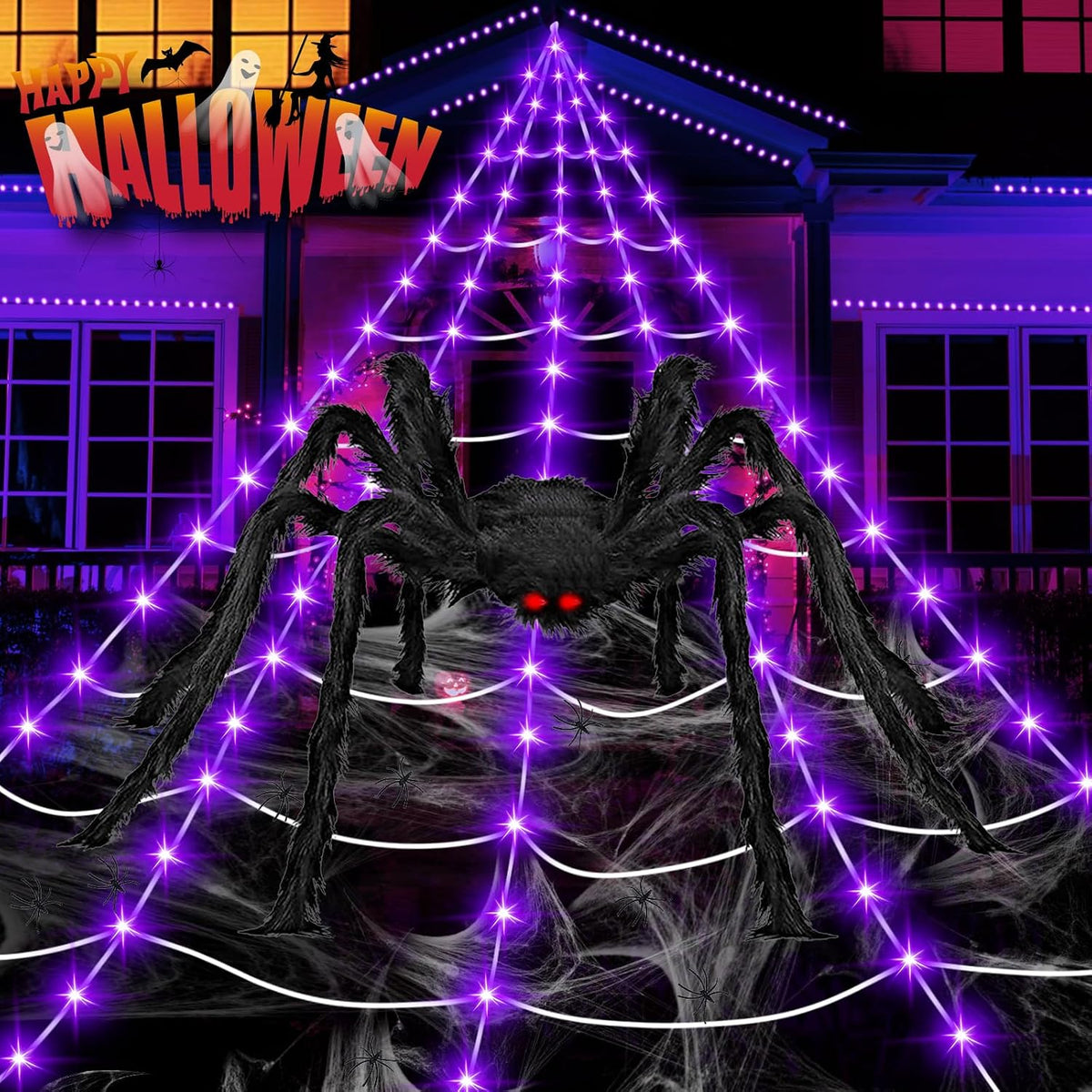 Decoraciones de Halloween al aire libre, 200 luces LED de telaraña...