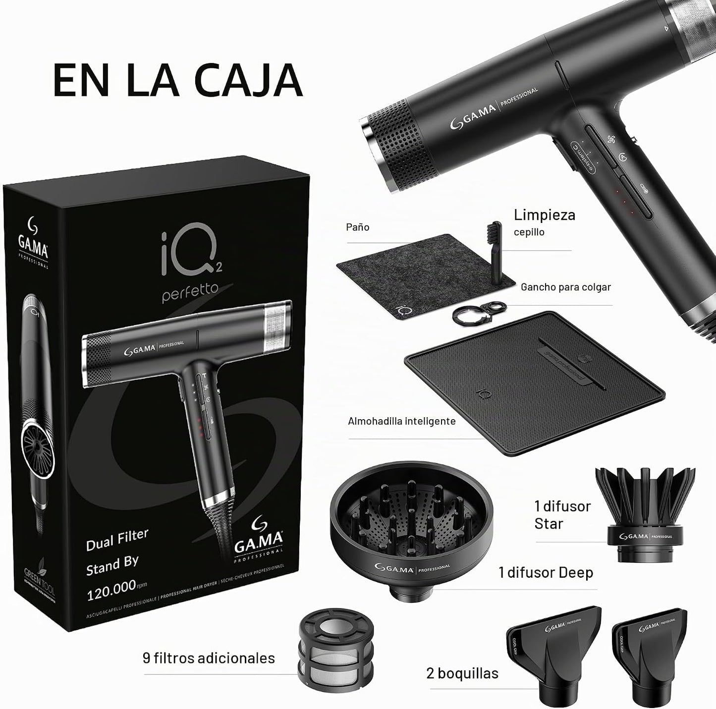 GA.MA iQ2 Perfetto - Secador de pelo con motor turbo inteligente de...