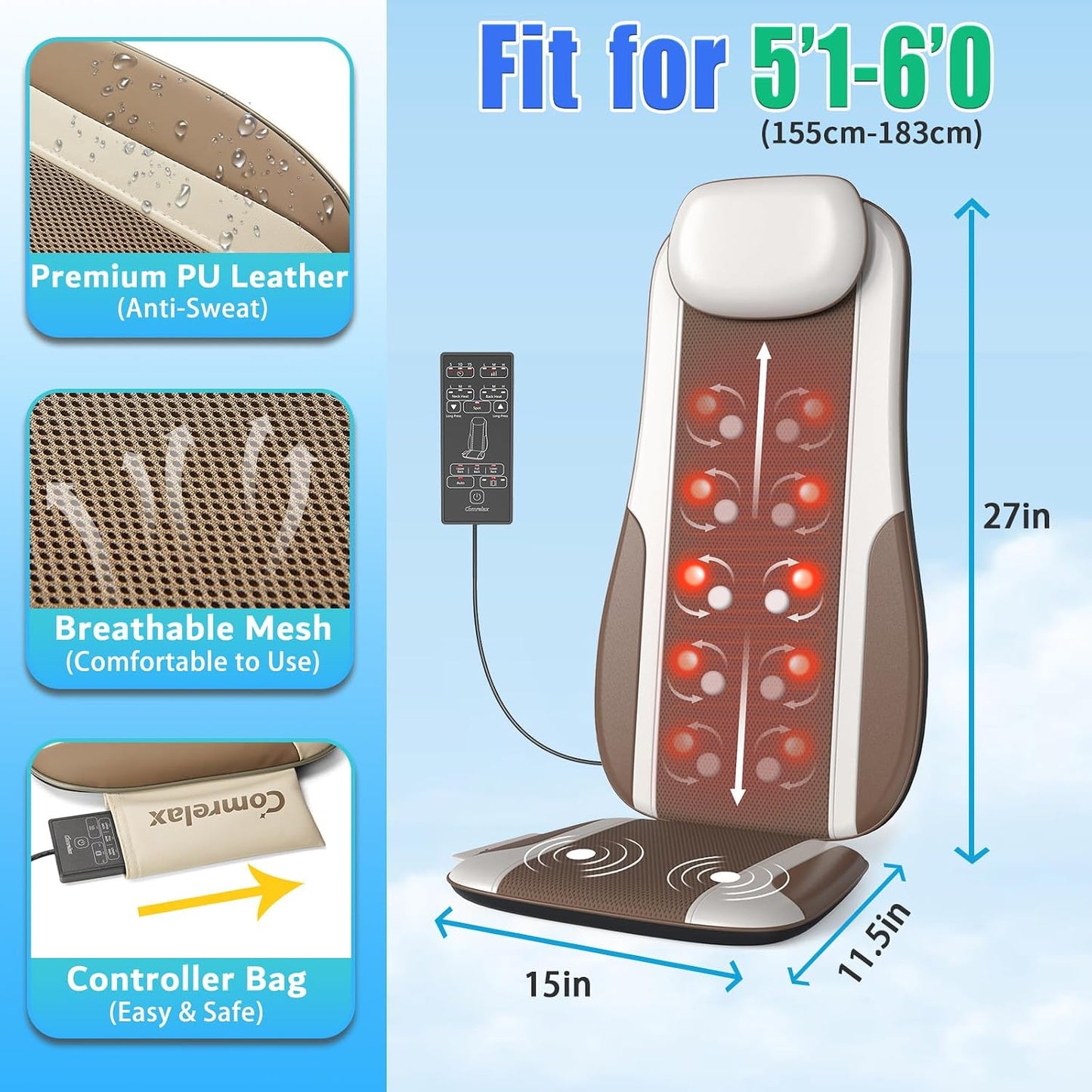 Comrelax Shiatsu Masajeador de espalda con calor, almohadilla de ma...