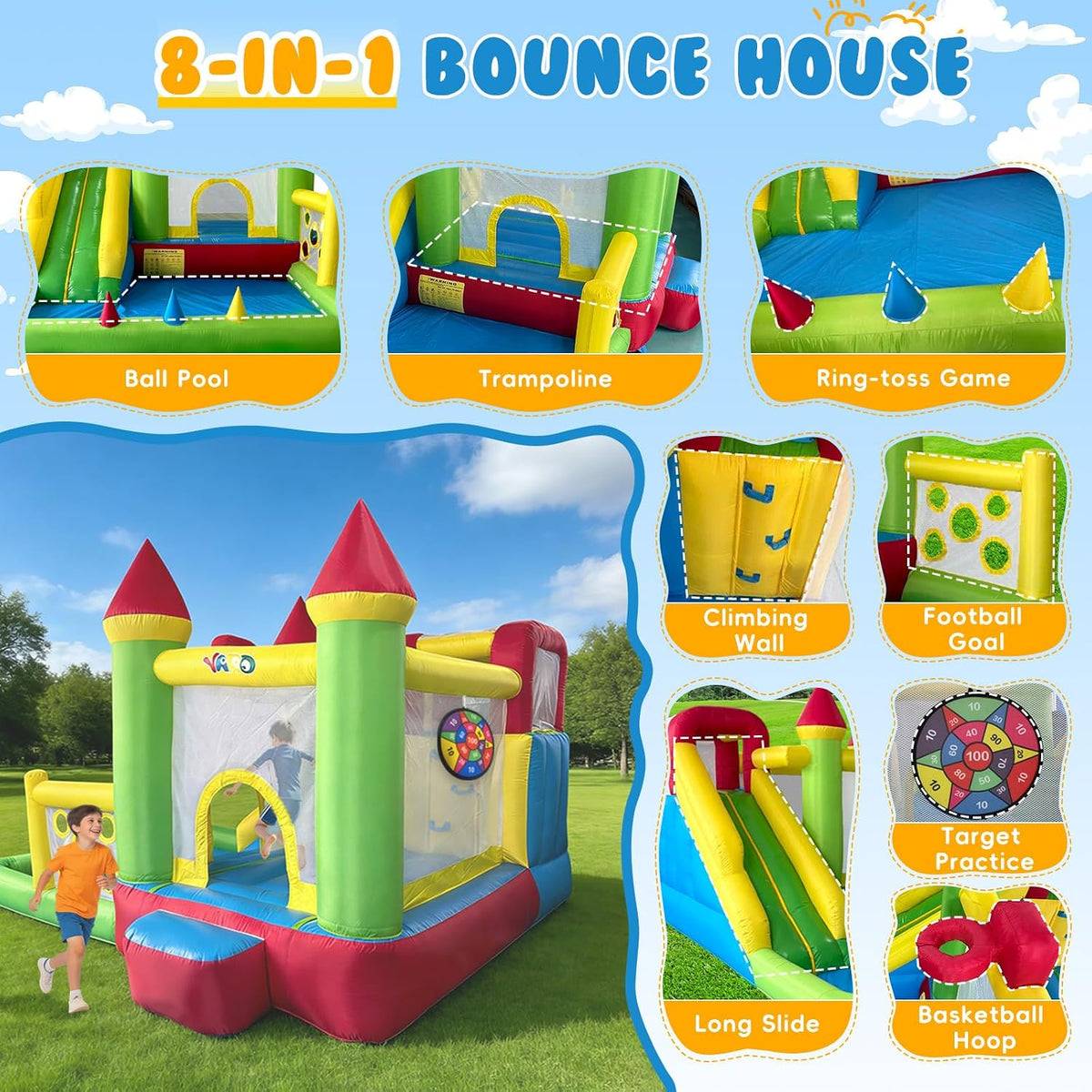 YARD Casa inflable de rebote para niños 3-6, 8 en 1 con tobogán, so...