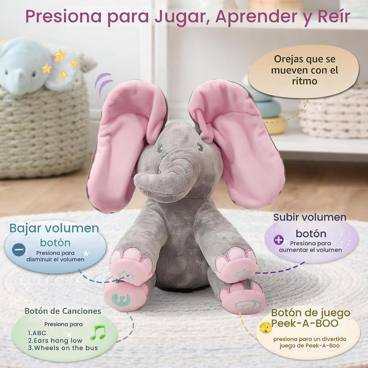 Dimple Kaia Elefante de Peluche Animado - Elefante Rosa de Peluche...
