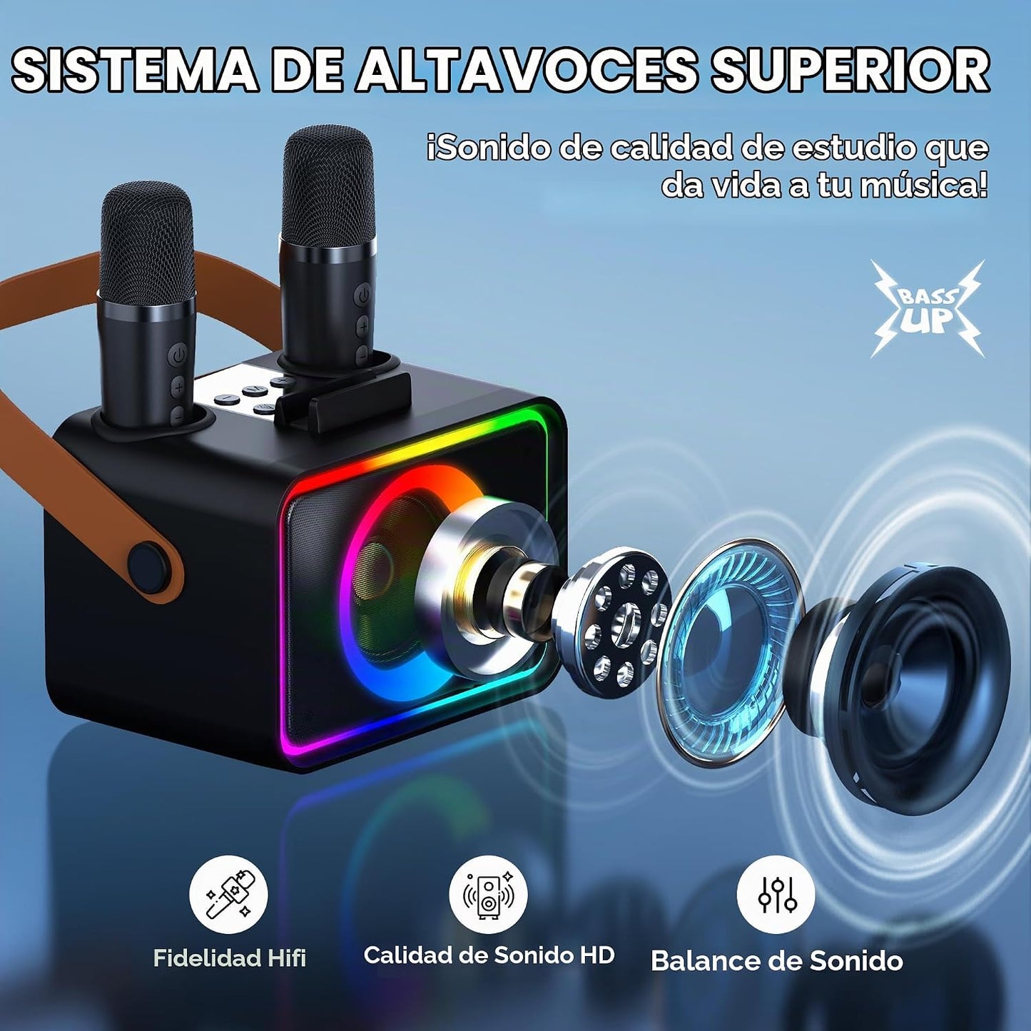 Máquina de karaoke para niños y adultos, altavoz Bluetooth, 2 micró...