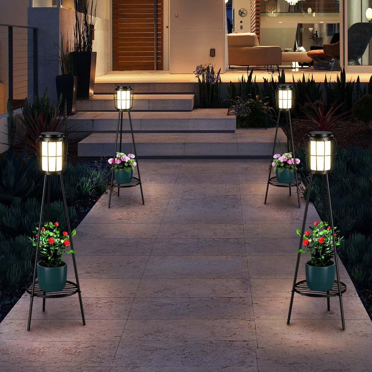 Paquete de 2 luces solares para exteriores con soportes para planta...