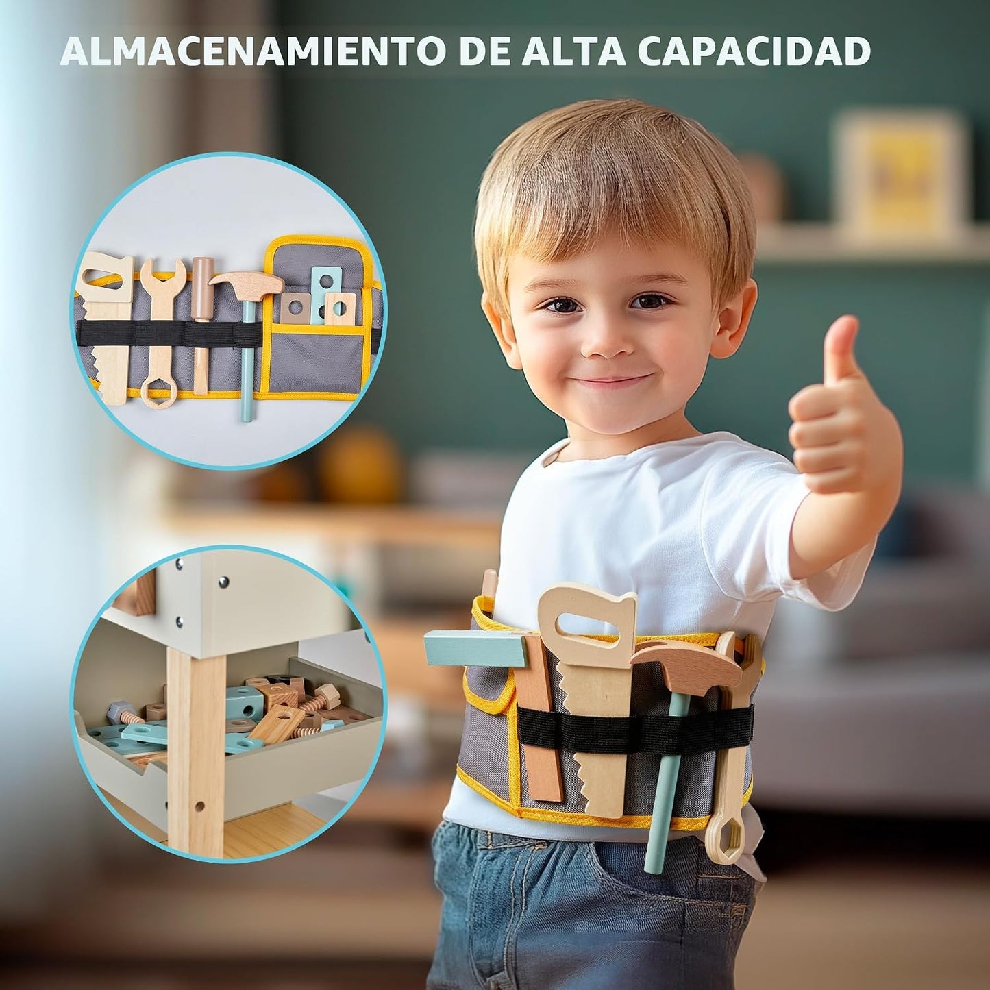Juego de herramientas para niños, banco de herramientas de madera c...