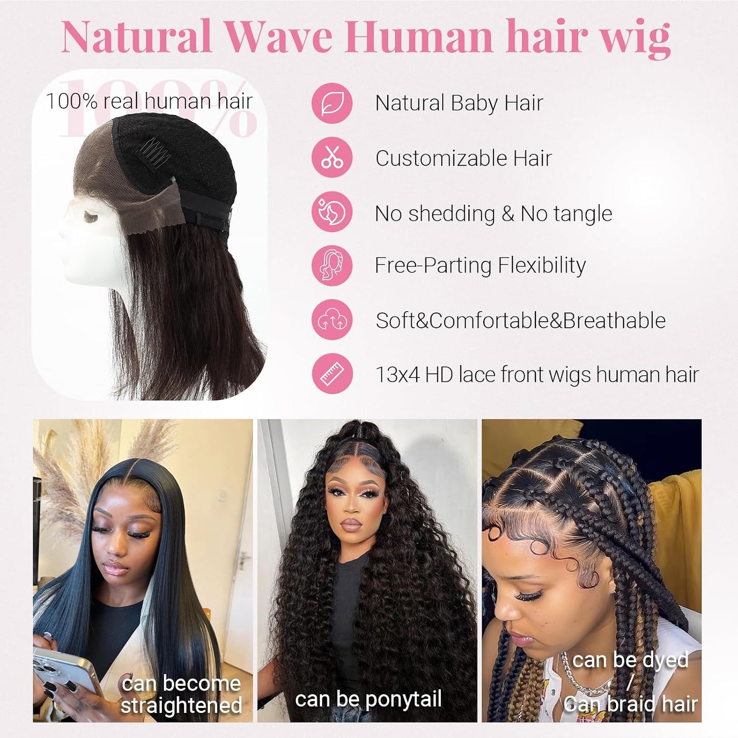 HappyNewHair Peluca de cabello humano ondulado natural de 13 x 4 HD...
