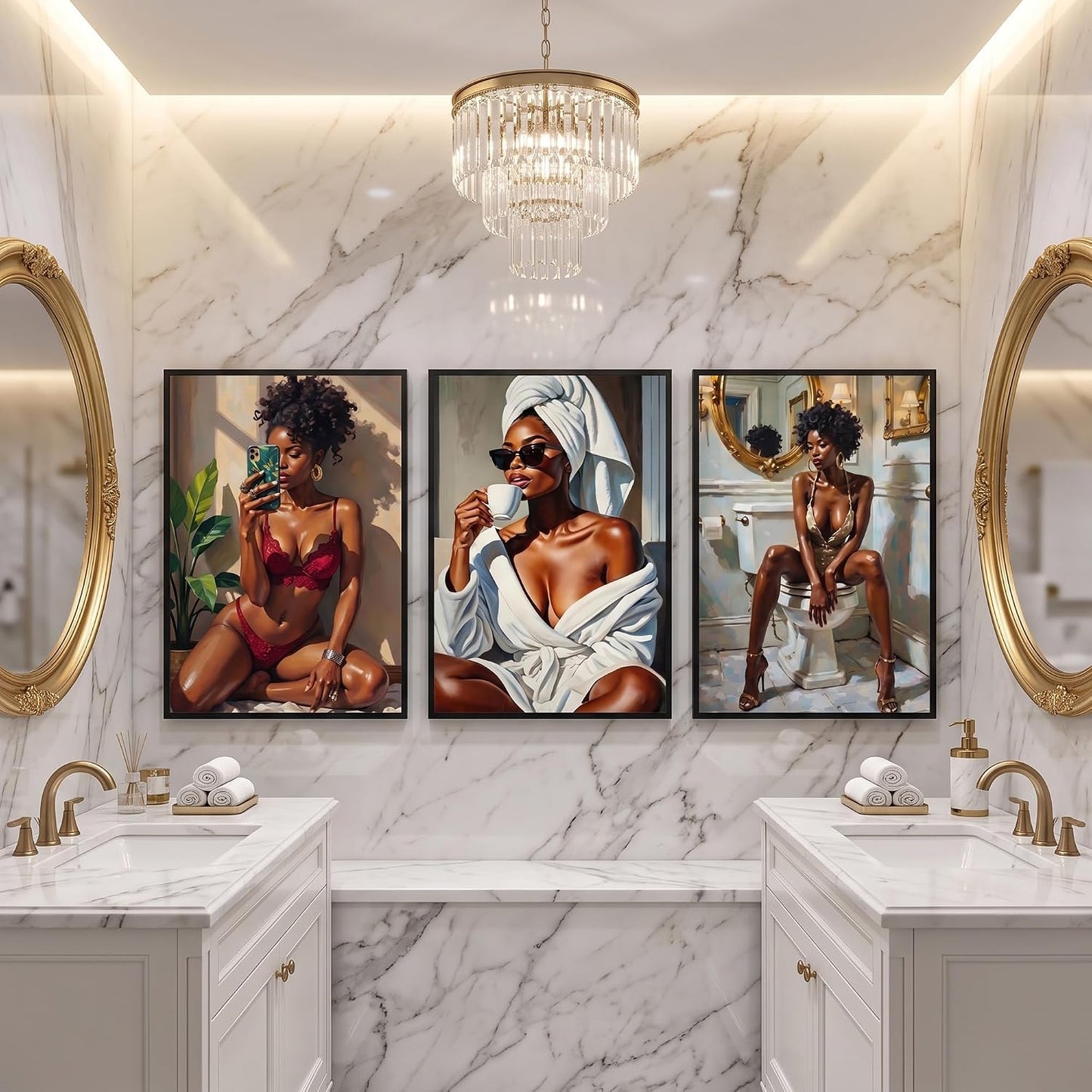 Pormipone 3 piezas de arte de pared de baño de niña negra, póster d...