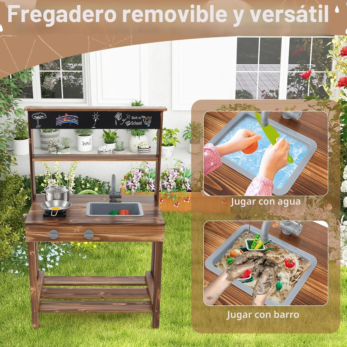 Costzon Cocina de barro, cocina de juego al aire libre con estufas,...
